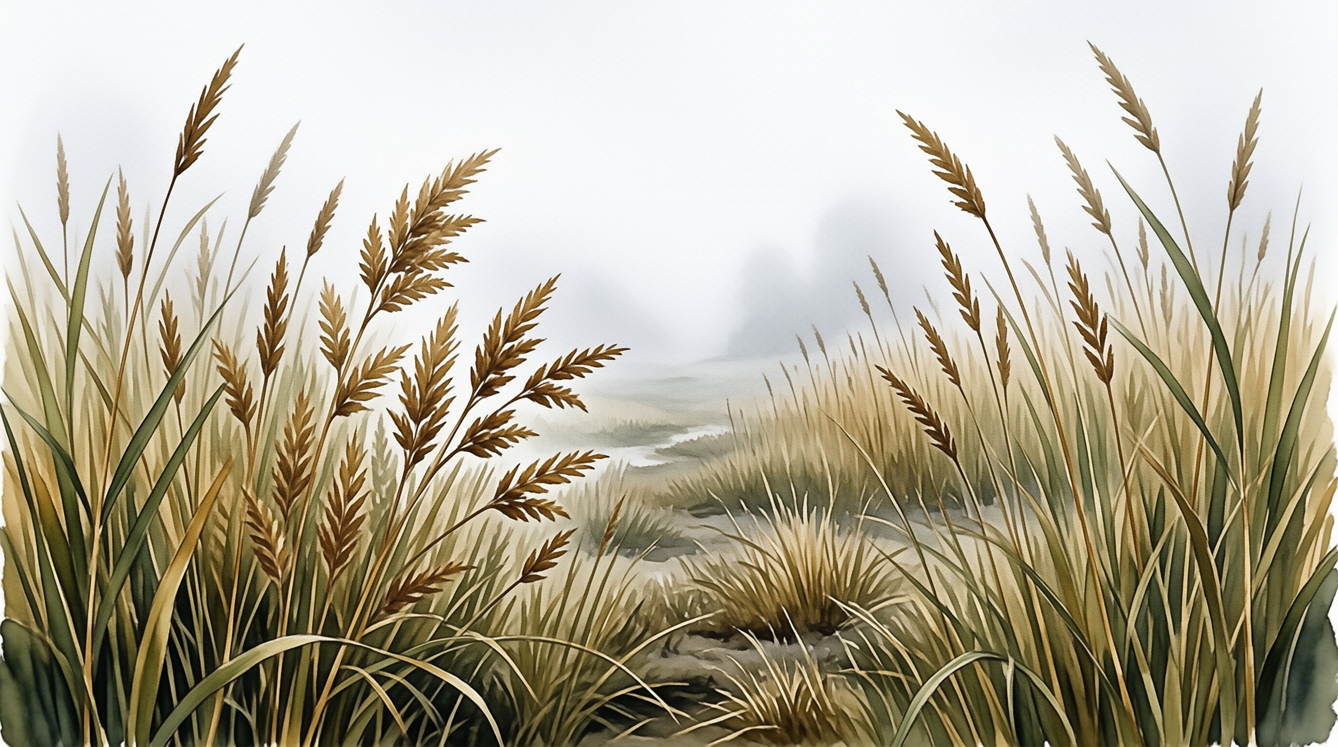 Tall brown and green grasses line a winding path that disappears into a thick gray mist.