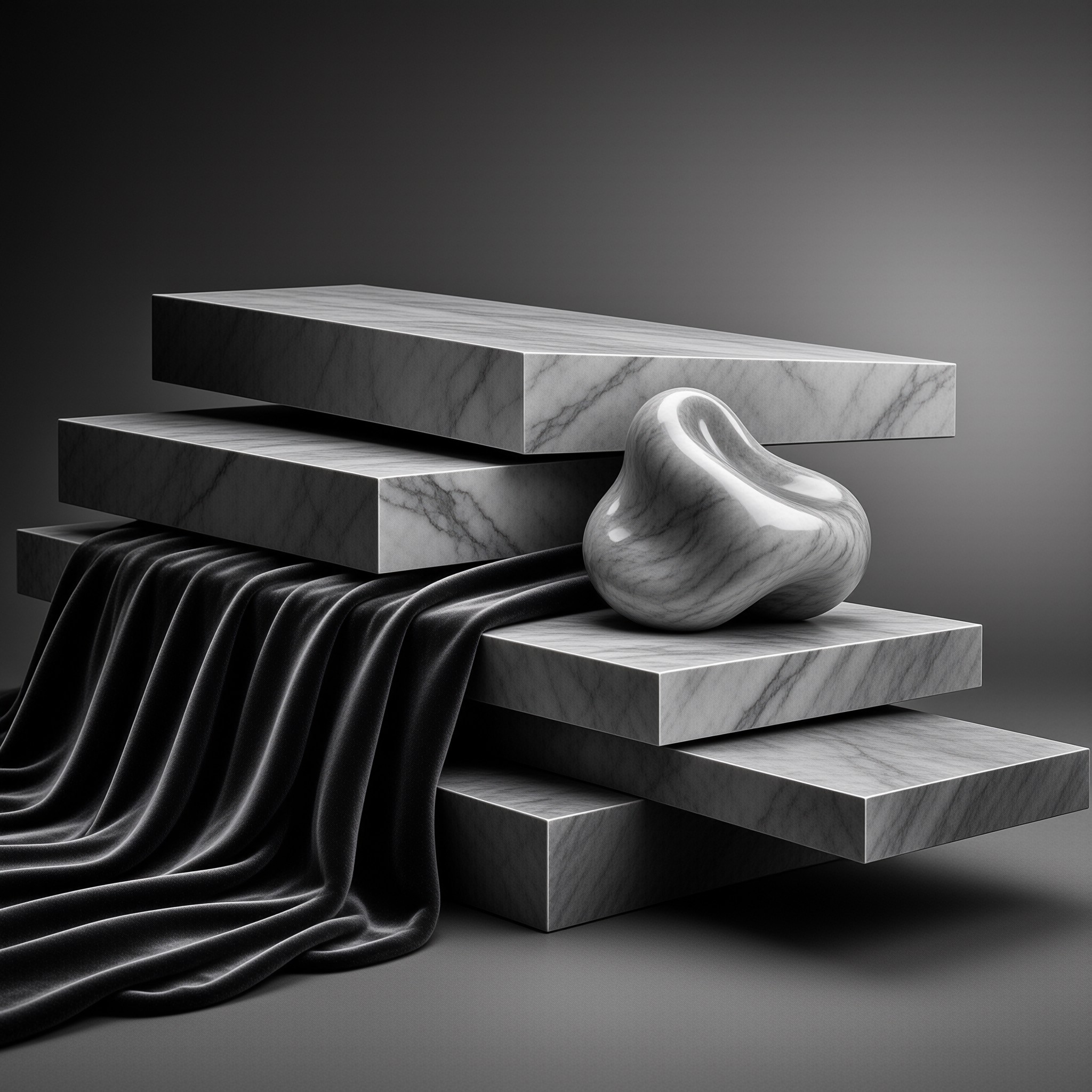 Stacked grey stone plates alternate with folds of dark fabric around a smooth organic marble form in soft studio light