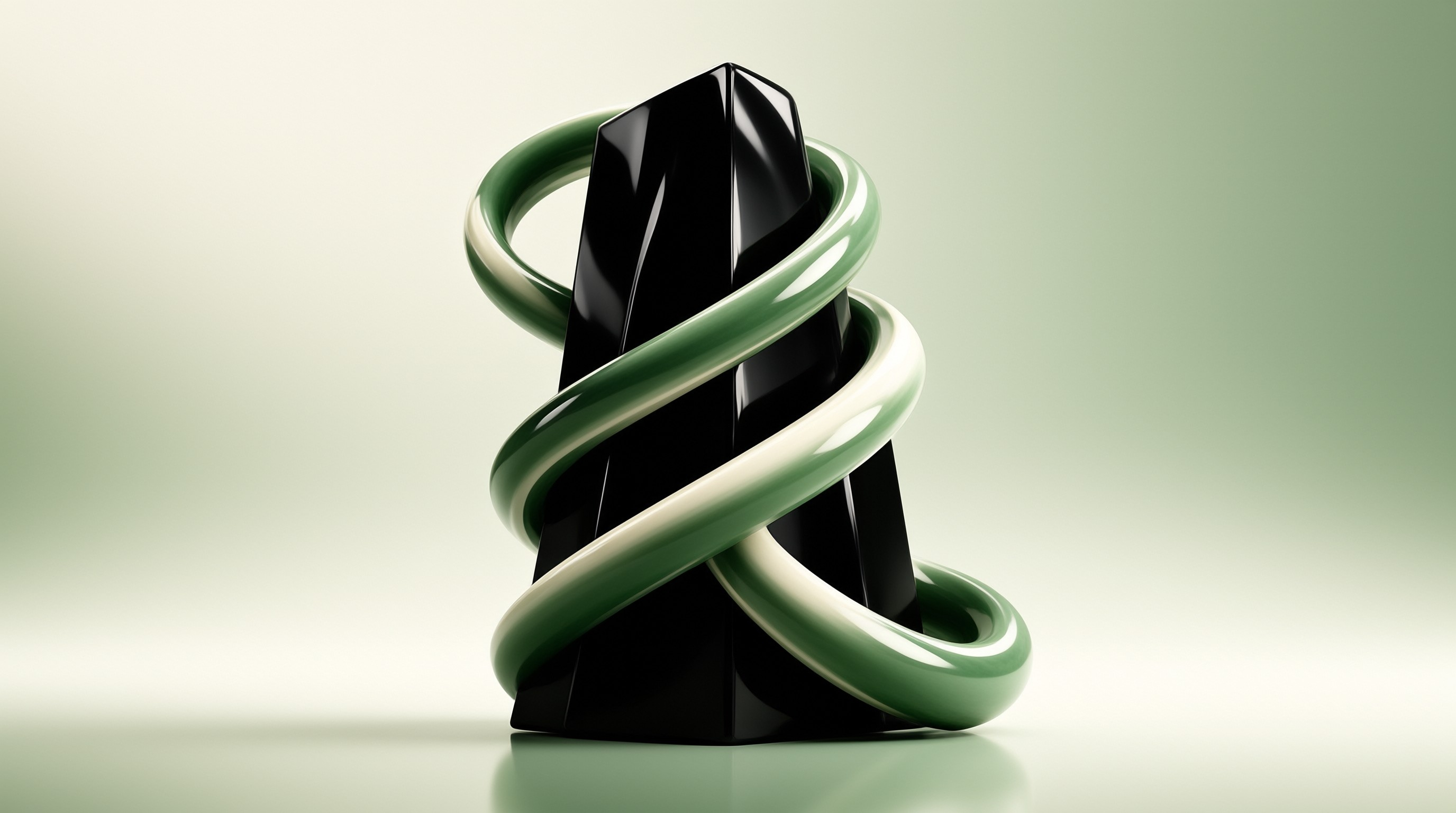 A glossy black geometric shape is wrapped by a twisted green and white ribbon against a soft green studio background.