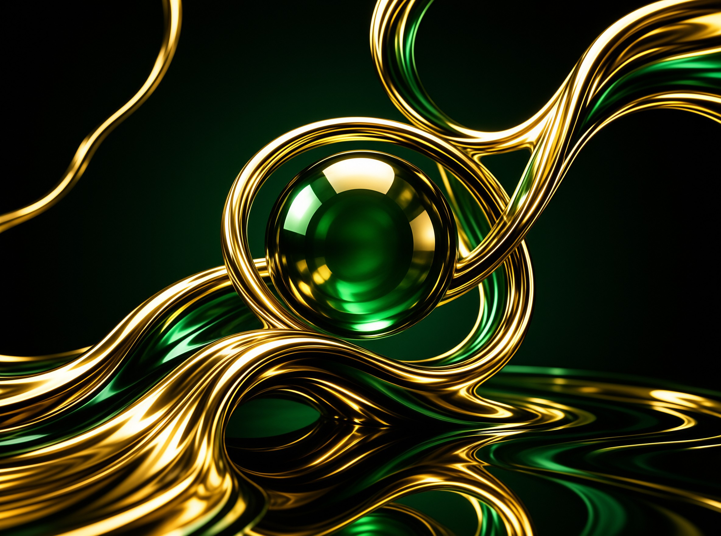 A glossy emerald orb floats amidst twisting strands of reflective amber liquid set against a dark background.