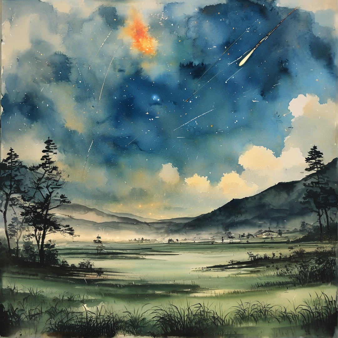 A watercolor painting of a night sky with meteors streaking above a misty green valley and silhouetted trees.