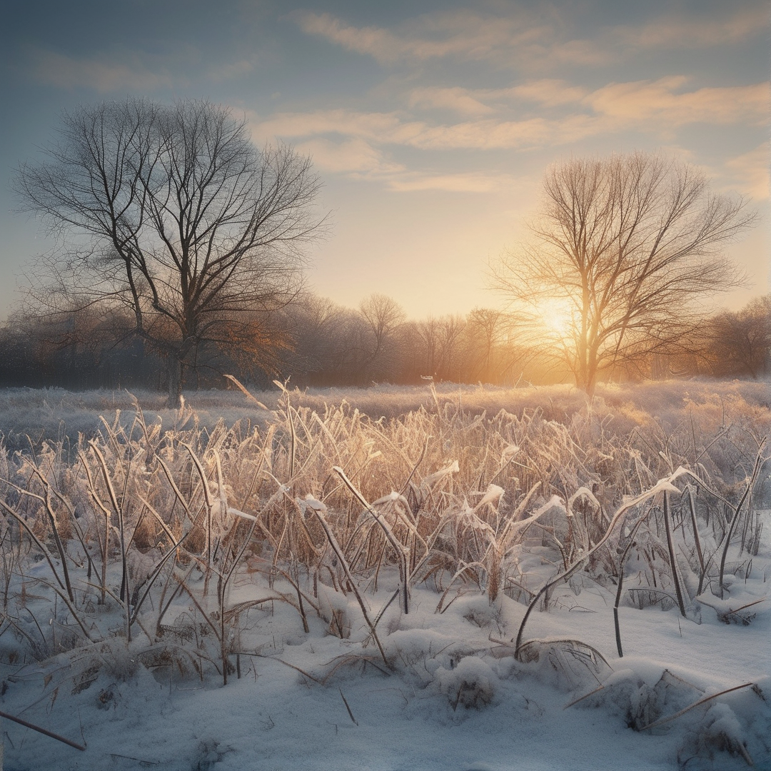 Frost-covered grasses stand in a snow-covered field with bare trees silhouetted against a golden sunset sky.