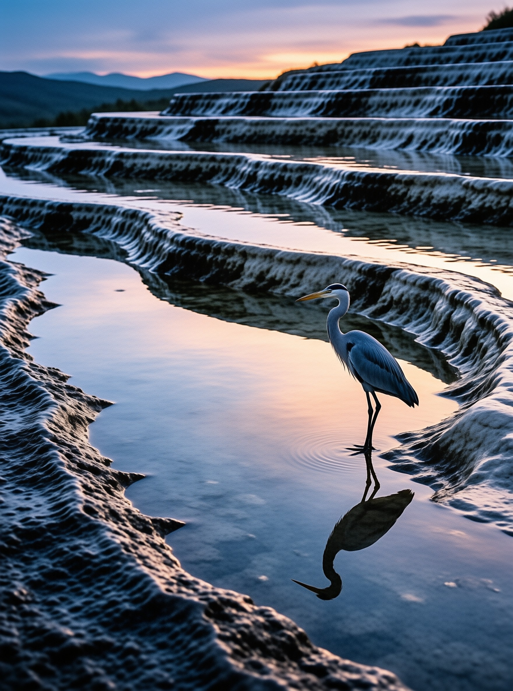 A grey heron wades in a shallow blue pool among stepped mineral terraces, its long reflection cast on the still water.