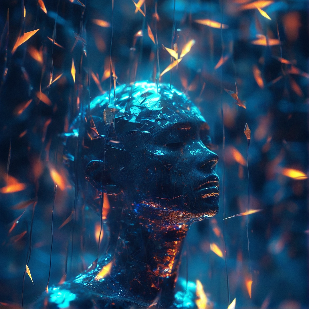 A metallic human head is illuminated by blue light with orange shards floating around it.