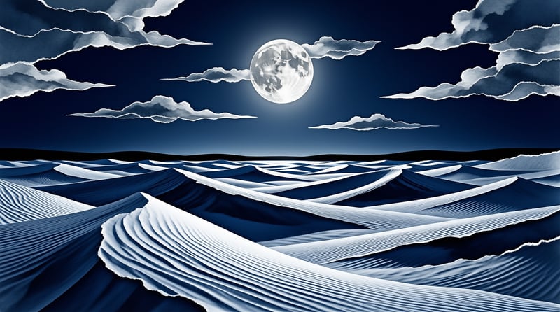 Pale blue rippled sand dunes stretch below a bright full moon that hangs in a dark cloud scattered night sky.