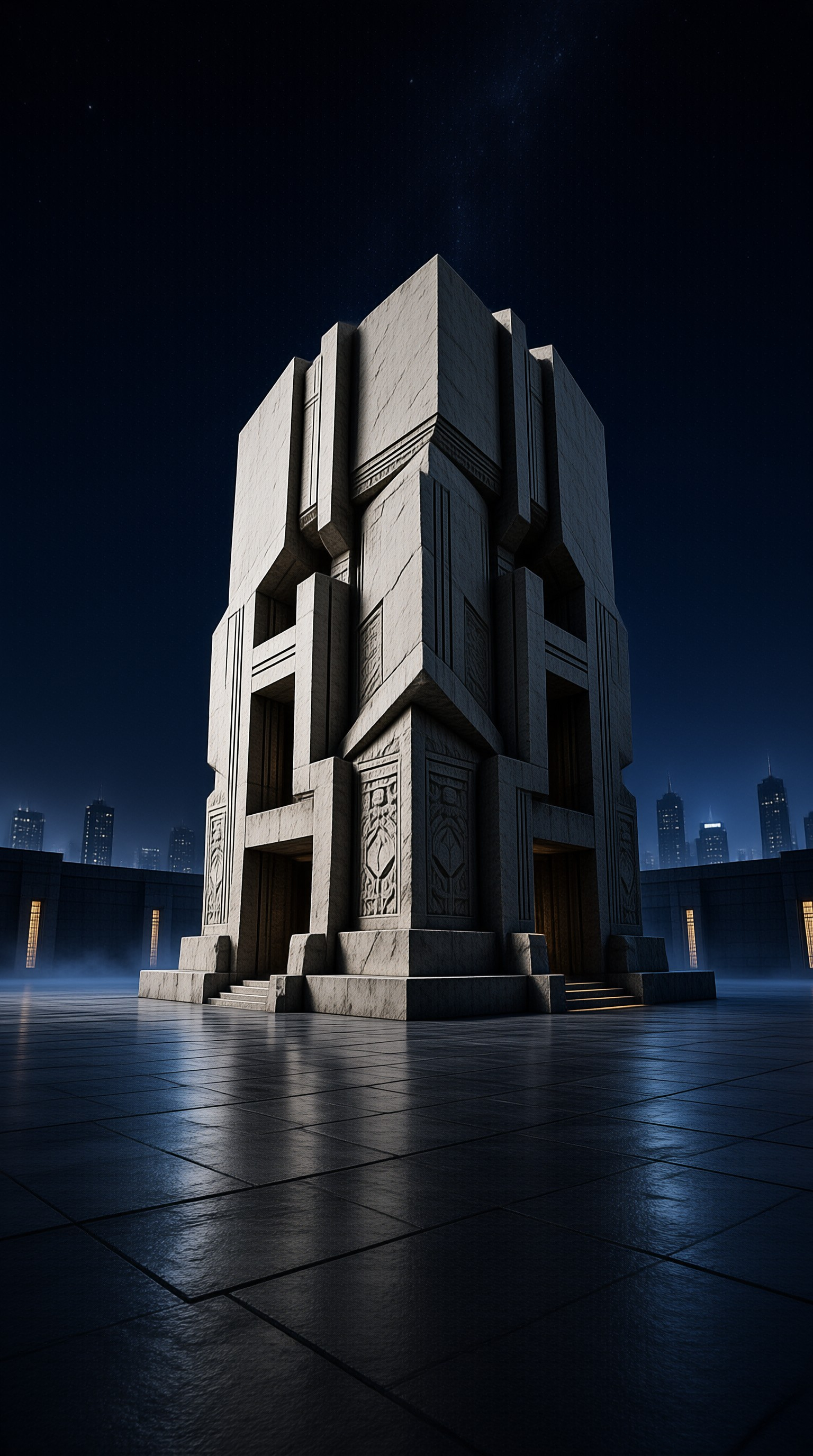 A tall carved stone monument stands on a reflective plaza at night, its facade lit against a distant city skyline.