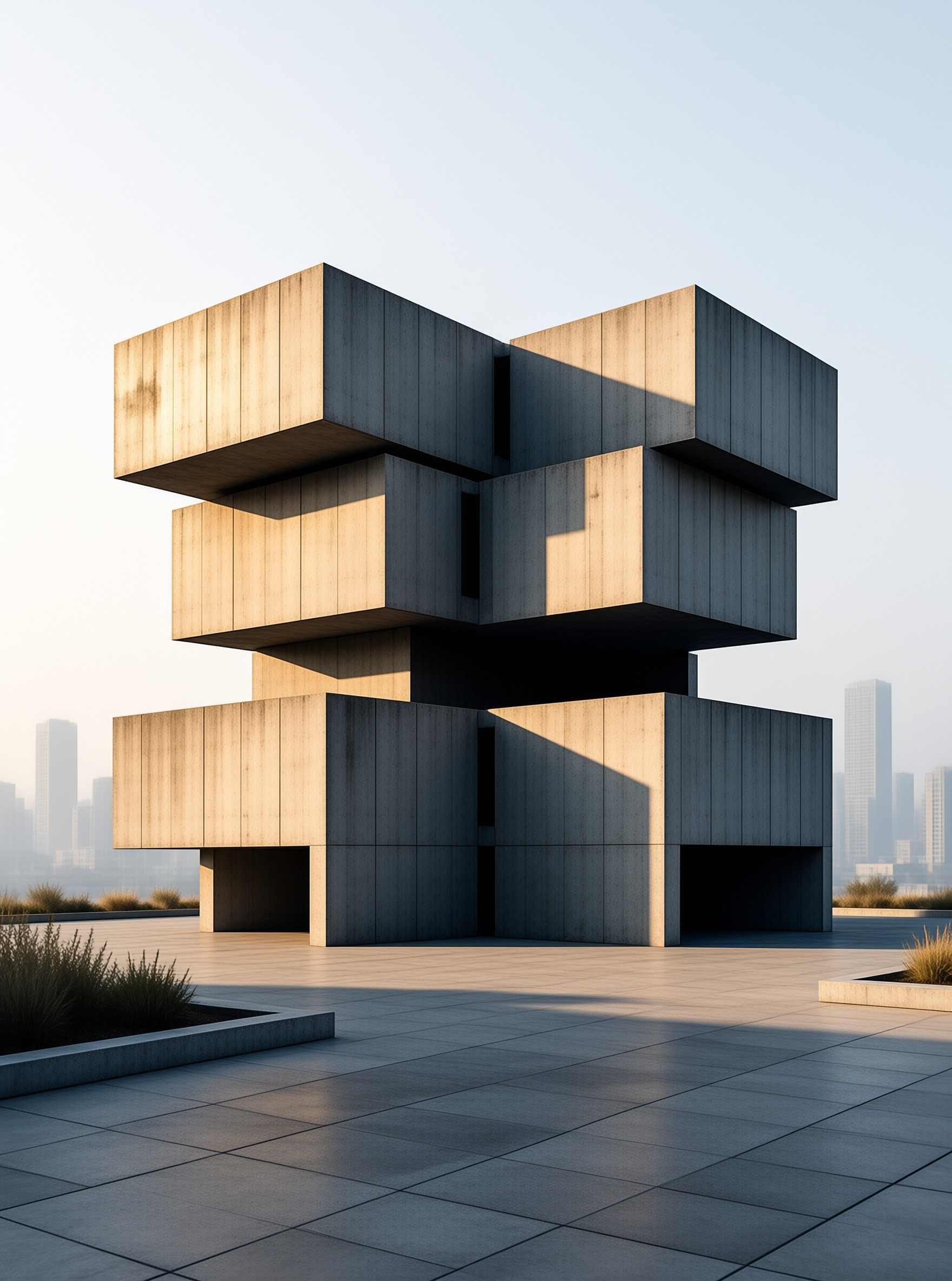 Warm sunlight hits a stacked concrete building with sharp edges on a tiled plaza with a city skyline behind.
