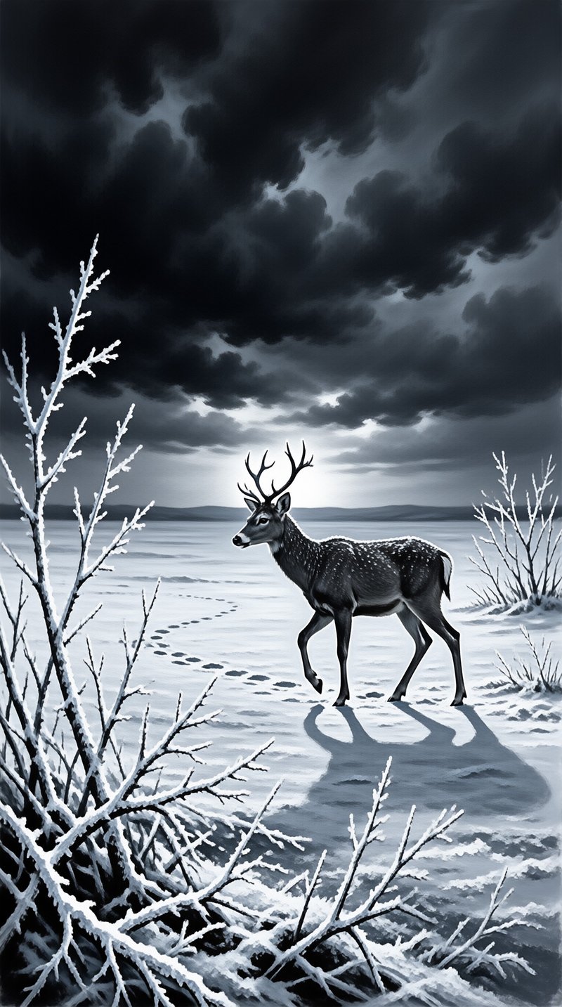 A spotted deer with antlers walks across a white snowfield leaving footprints beneath heavy grey storm clouds.
