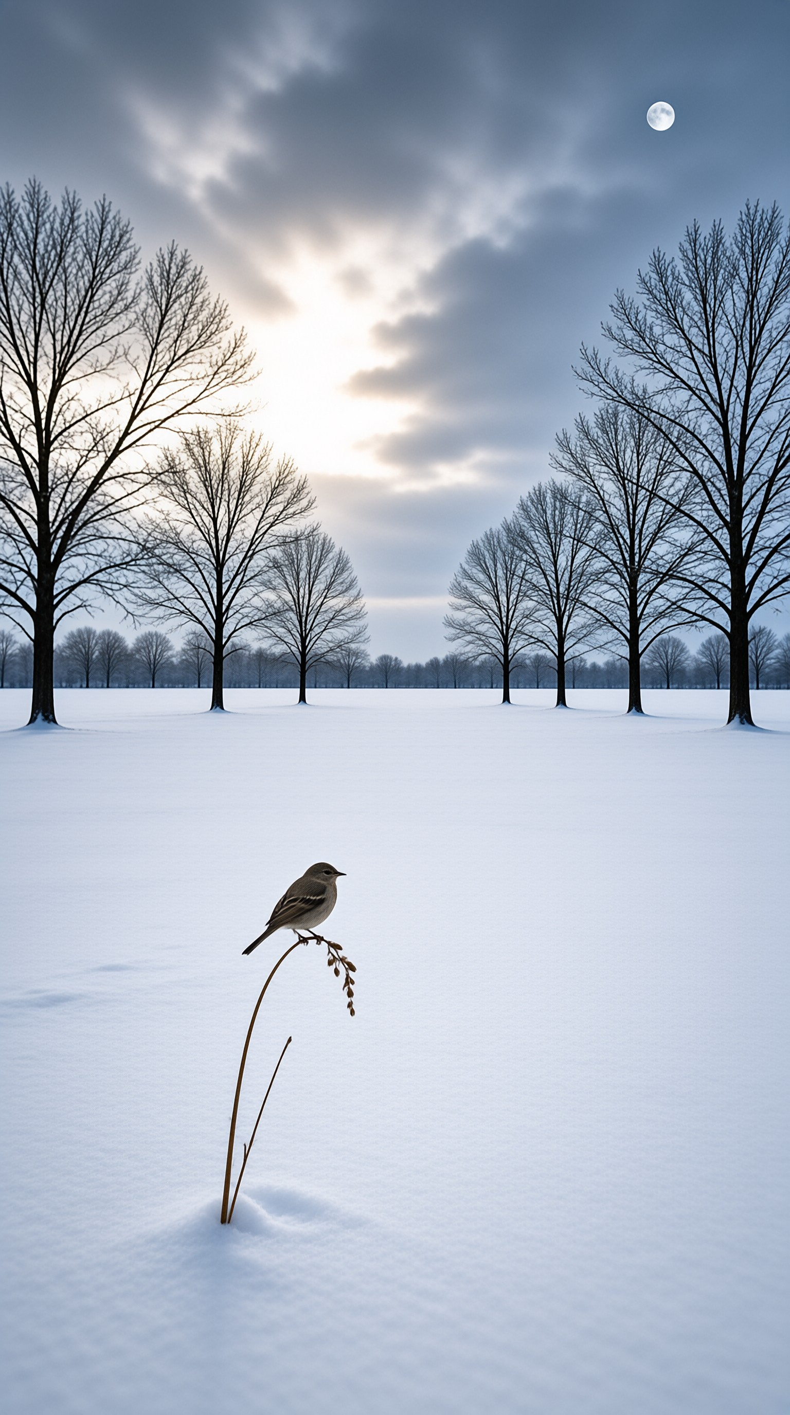 A small bird clings to a dried plant stem in an open snowfield under sunlit storm clouds with a pale moon