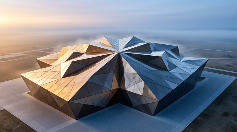 An angular silver roof of triangular panels rises from a paved plaza while low fog drifts across the flat landscape