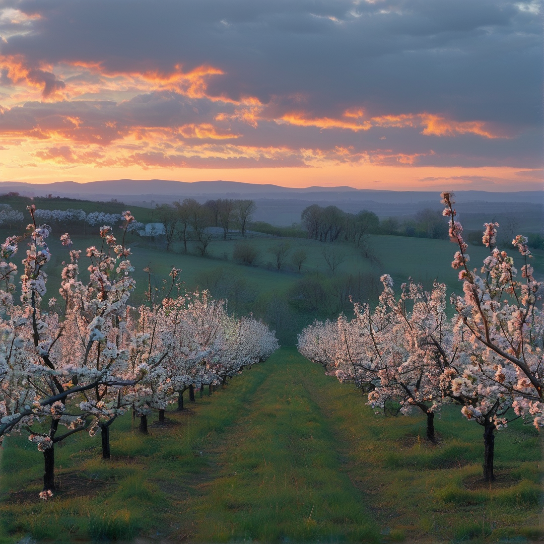 Blooming Orchard at Sunset