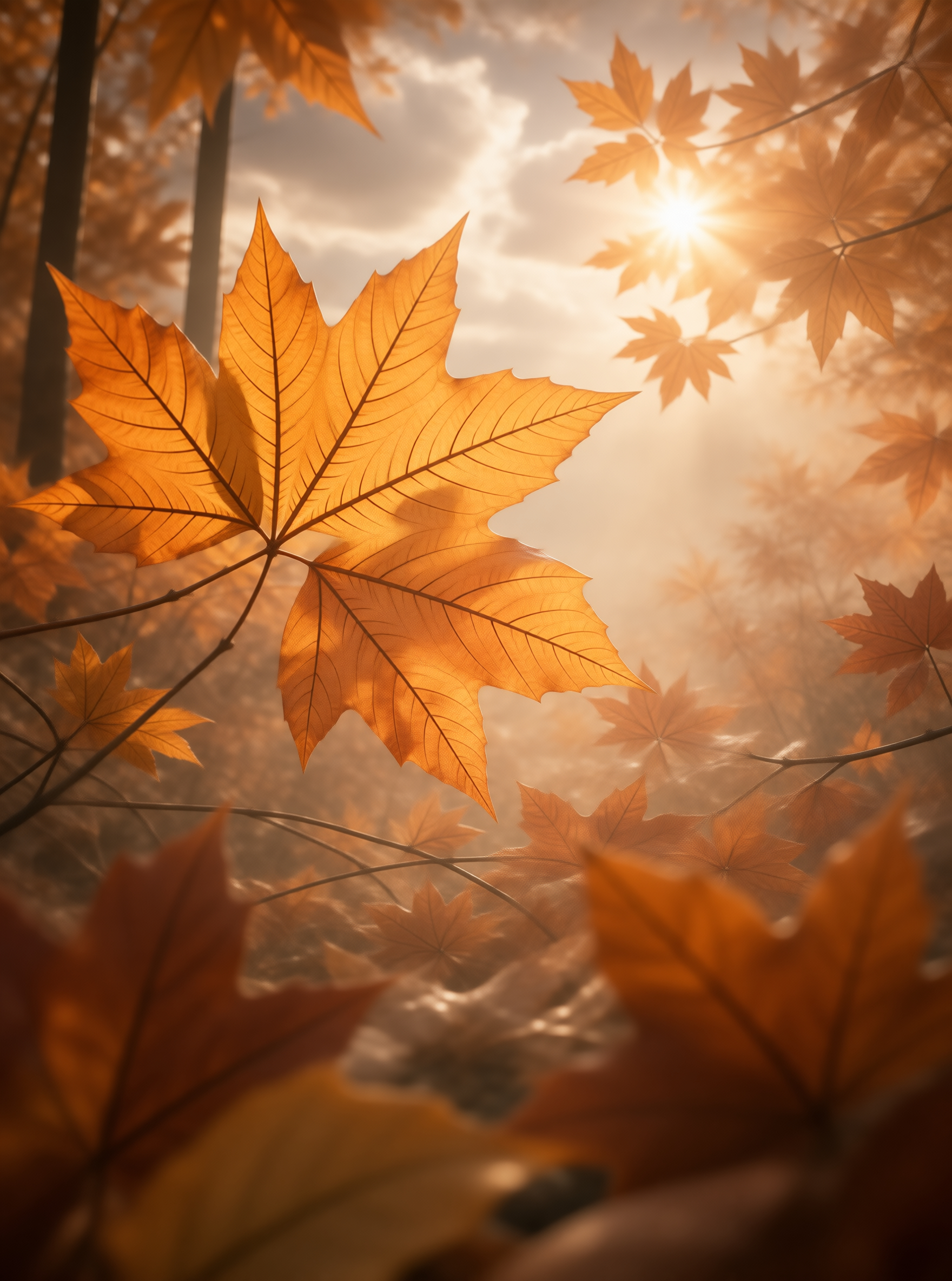 Golden Maple Leaves in Autumn Mist