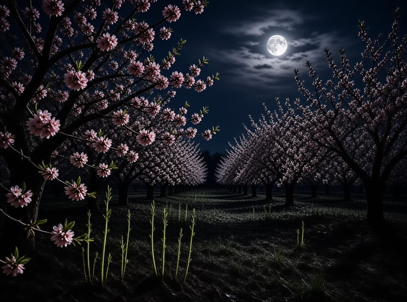 Rows of fruit trees with pink flowers stretch into the distance beneath a glowing full moon in the night sky.