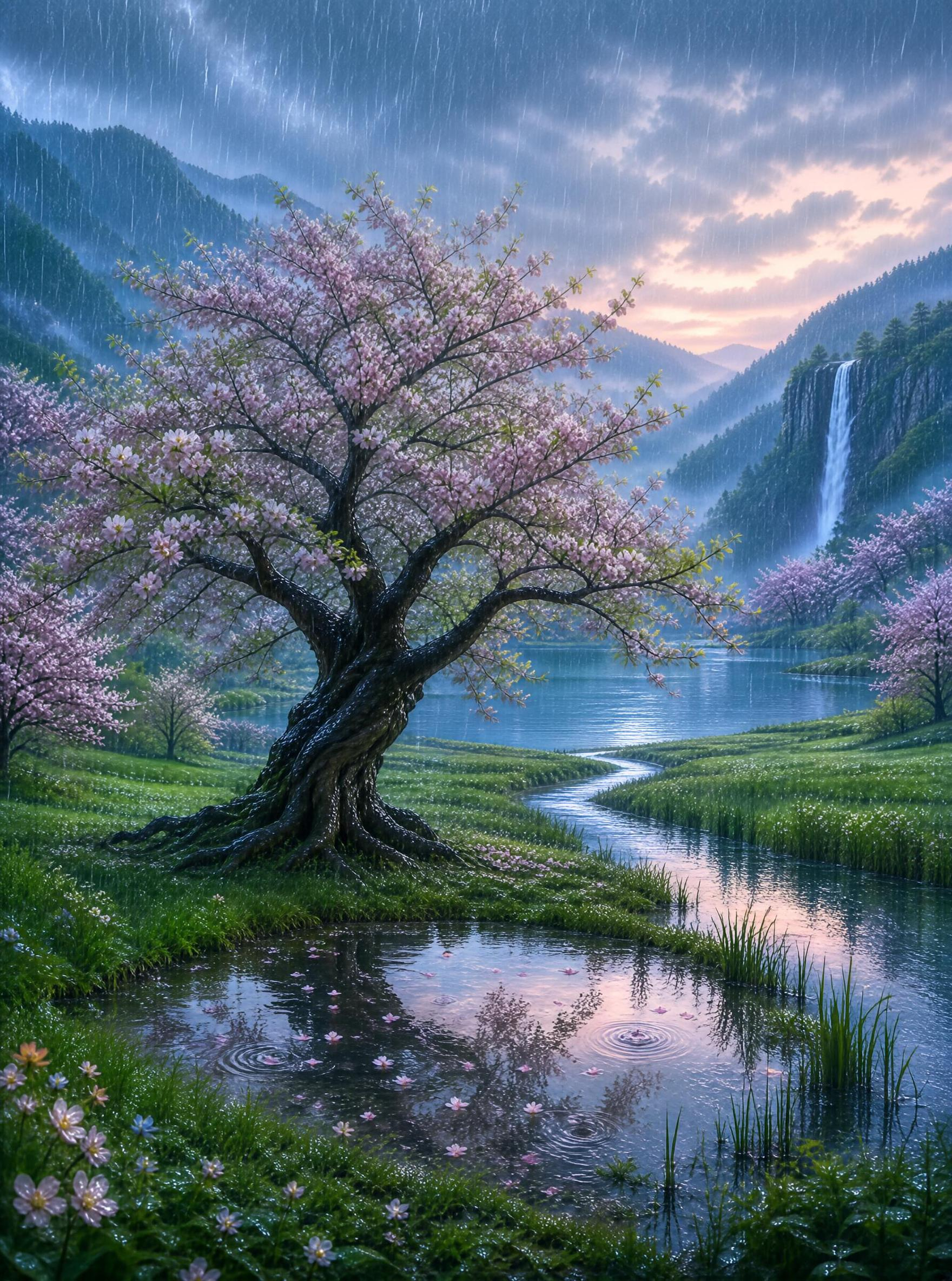 Rainy Cherry Blossom Scene
