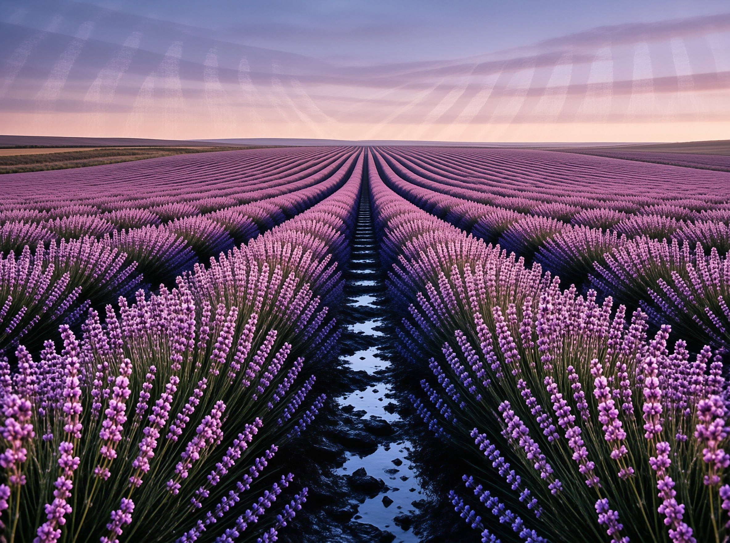 Symmetrical purple flower rows stretch toward the horizon alongside a dark reflective channel beneath a soft pastel sky.