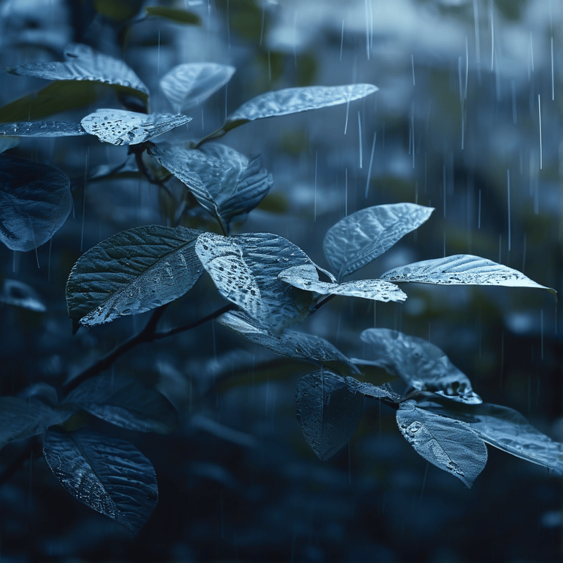 A close-up view of dark green leaves covered in water droplets while rain falls steadily around them creating a moody blue atmosphere with soft focus background.