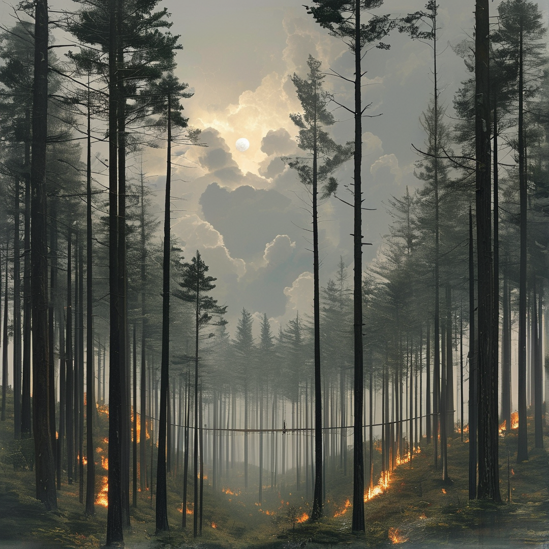 Tall pine trees rise through a foggy forest while fire burns along the ground under a bright cloudy sky.