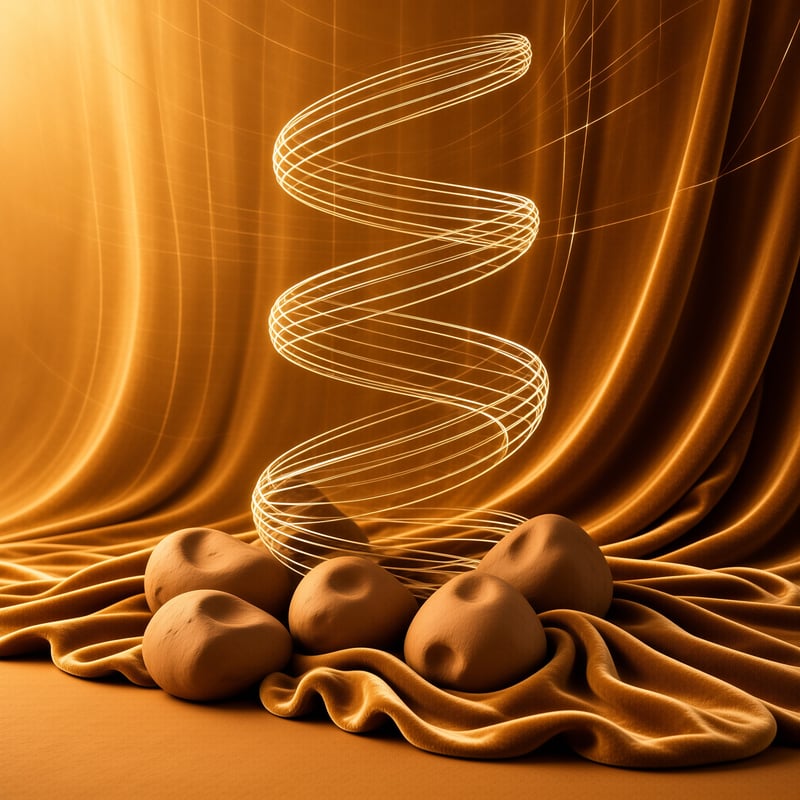 A luminous spiral of thin light coils above smooth clay spheres resting on folds of golden fabric.