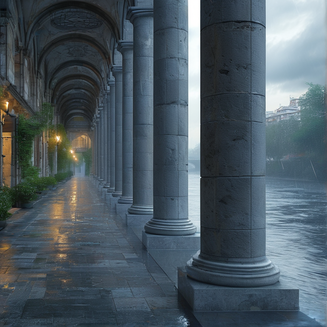 A stone colonnade lines a wet river path where foggy weather creates soft reflections on the ground.