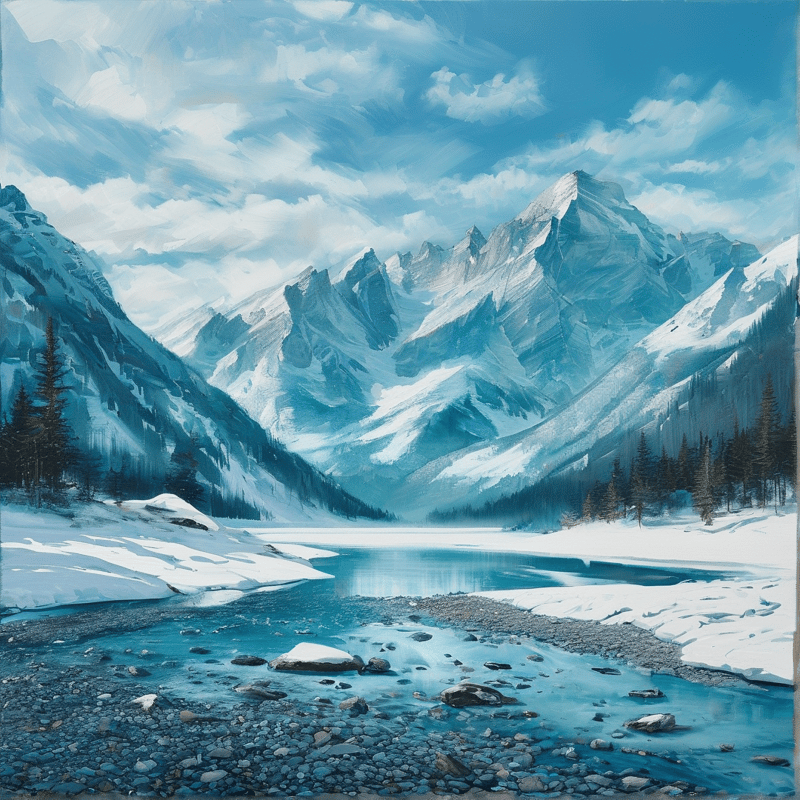 An oil painting of jagged glacier mountains rising over a melting turquoise lake fringed with snow and pine trees.