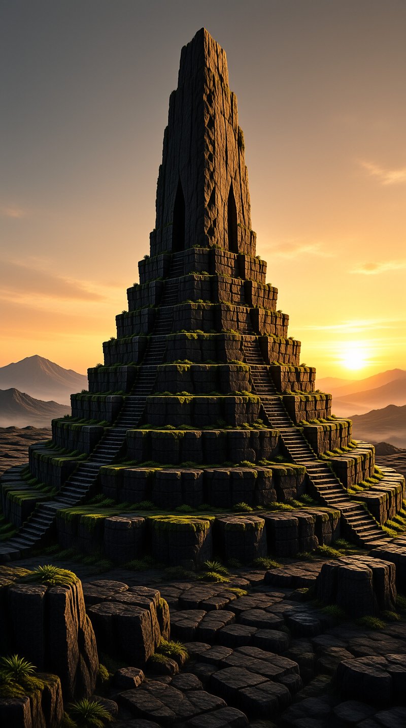 A towering stepped temple of dark stone blocks climbs through mossy terraces and stairways against a glowing sunset.
