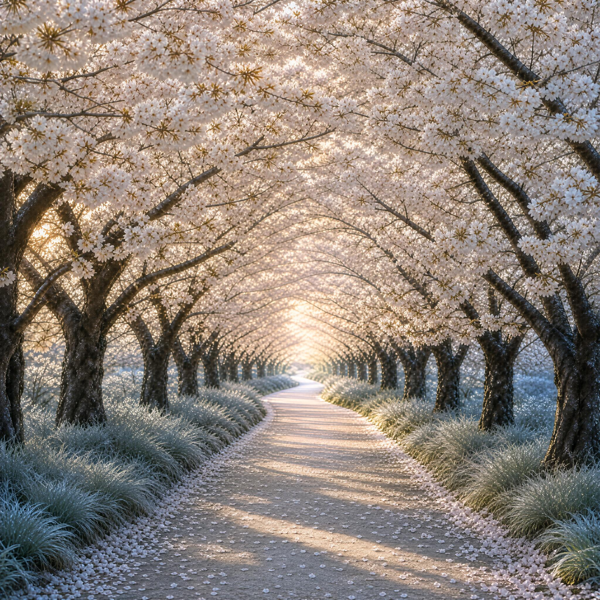 Sunlit Cherry Blossom Tunnel