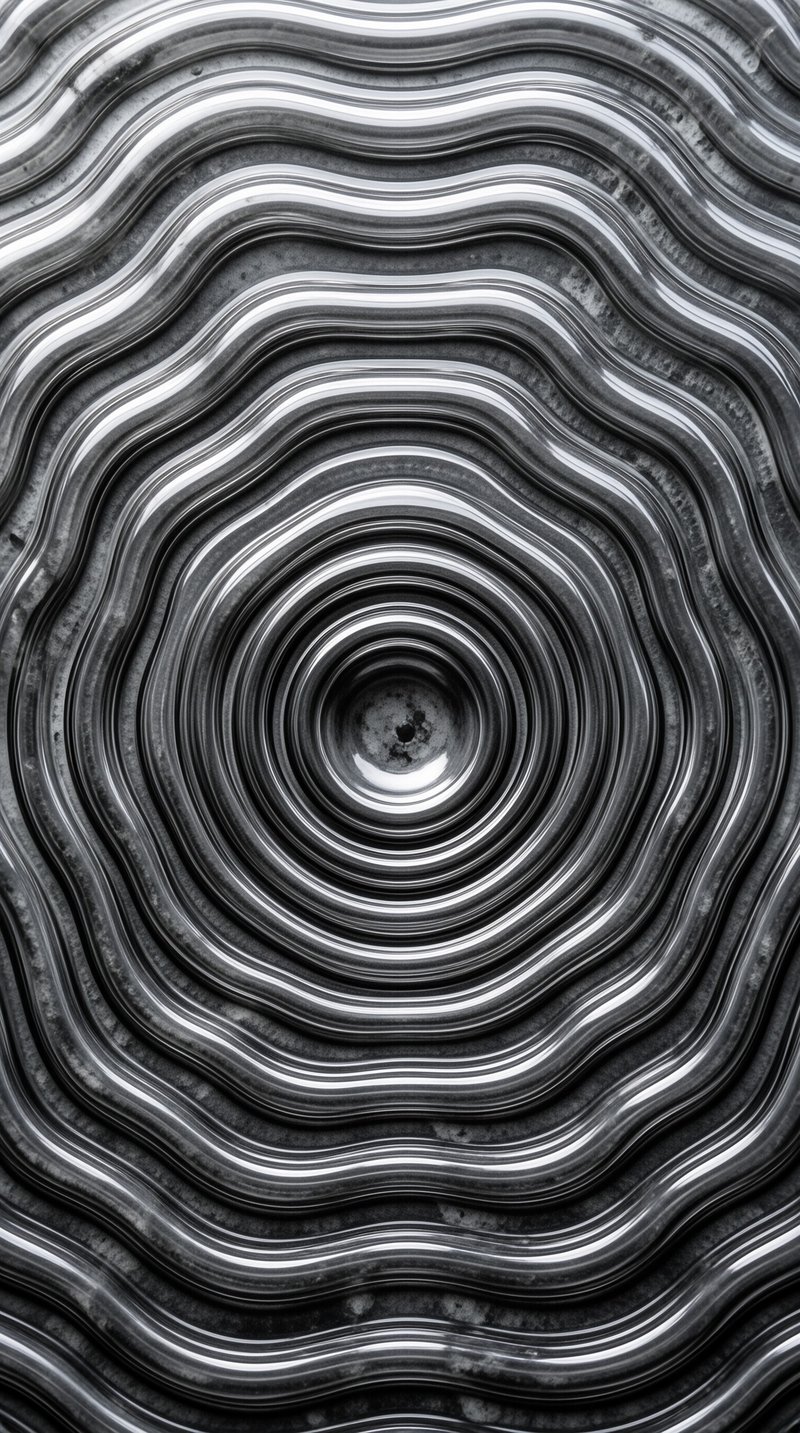 Black and white image showing concentric wavy lines radiating from a dark center like a vortex.
