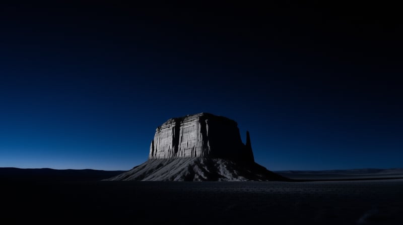 A large sandstone butte stands illuminated against a gradient blue night sky in a dark desert landscape.