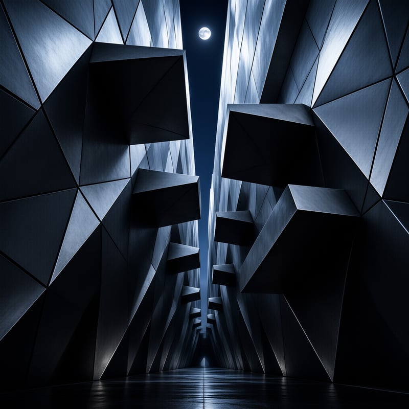 A narrow futuristic passageway features angular metallic walls flanking a path toward a distant point under a clear moon.