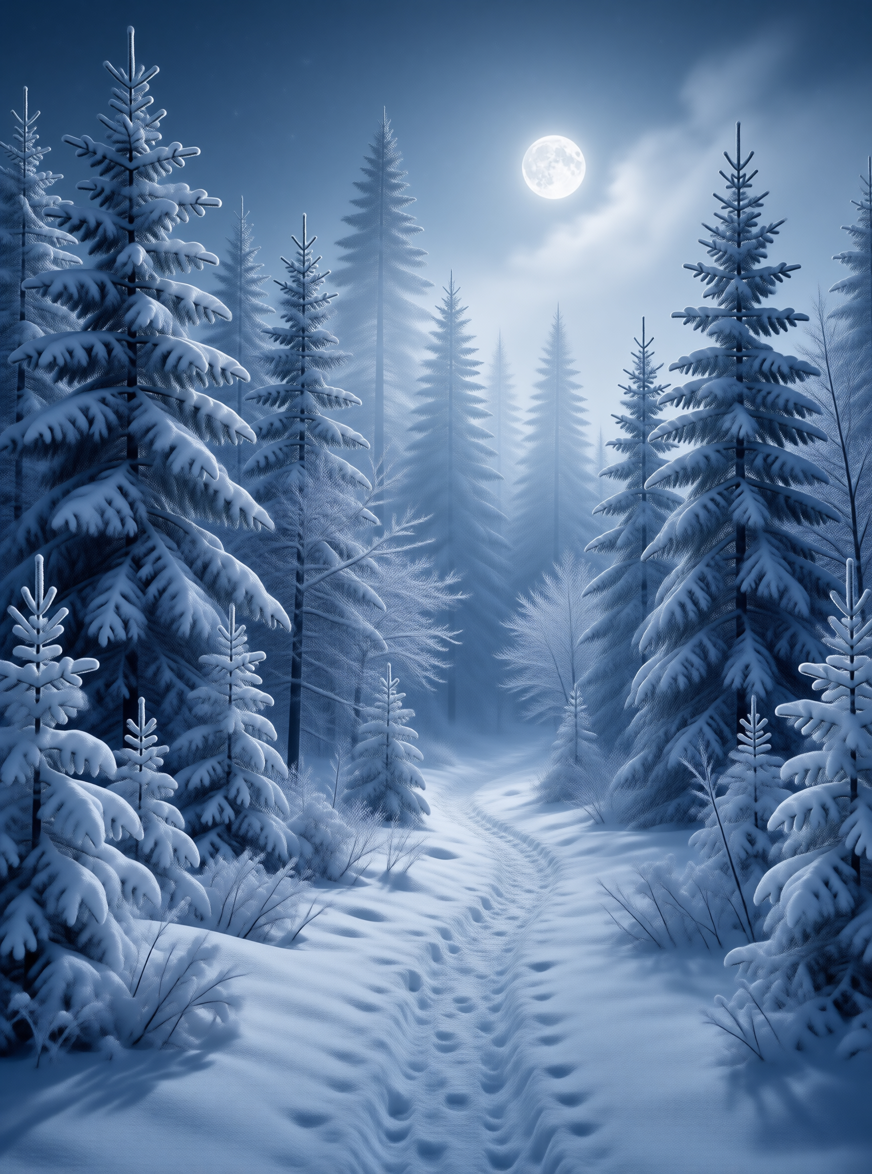 Winter Night Forest Scene