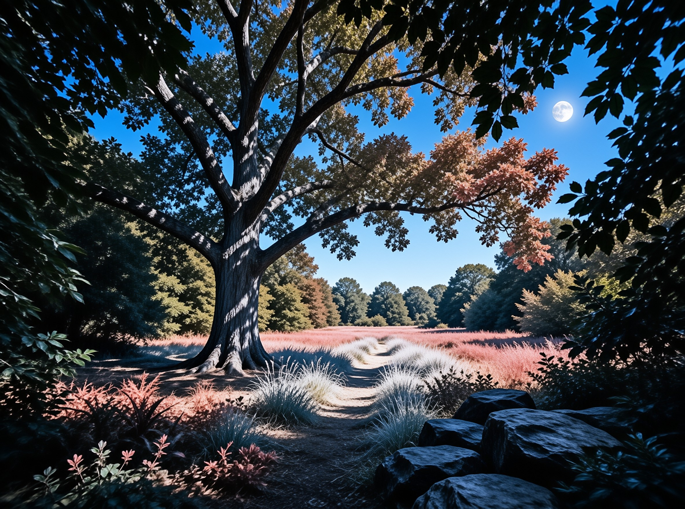 Gnarled Tree in Sunlit Forest