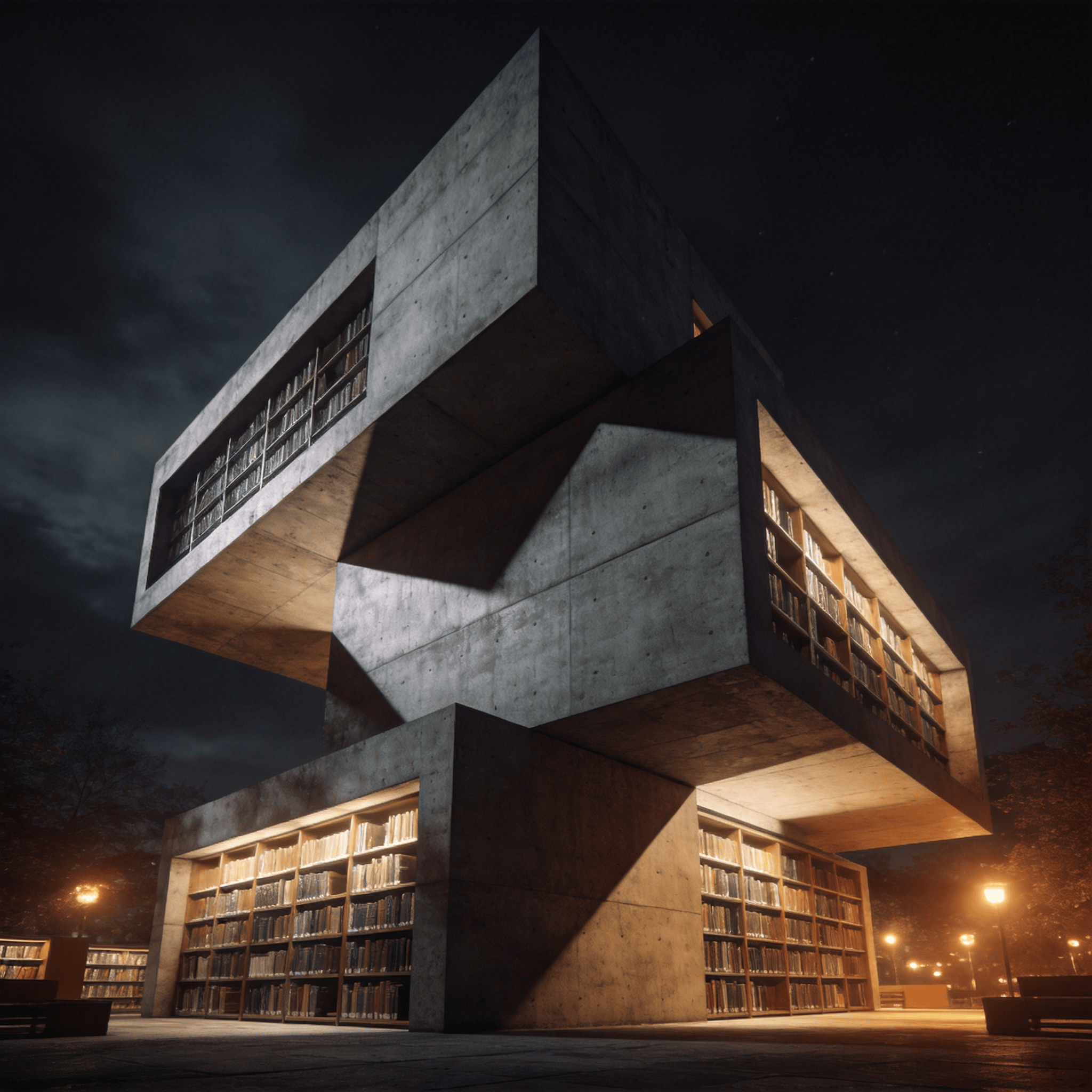 Library with Brutalist Massing — Night With Warm Lights