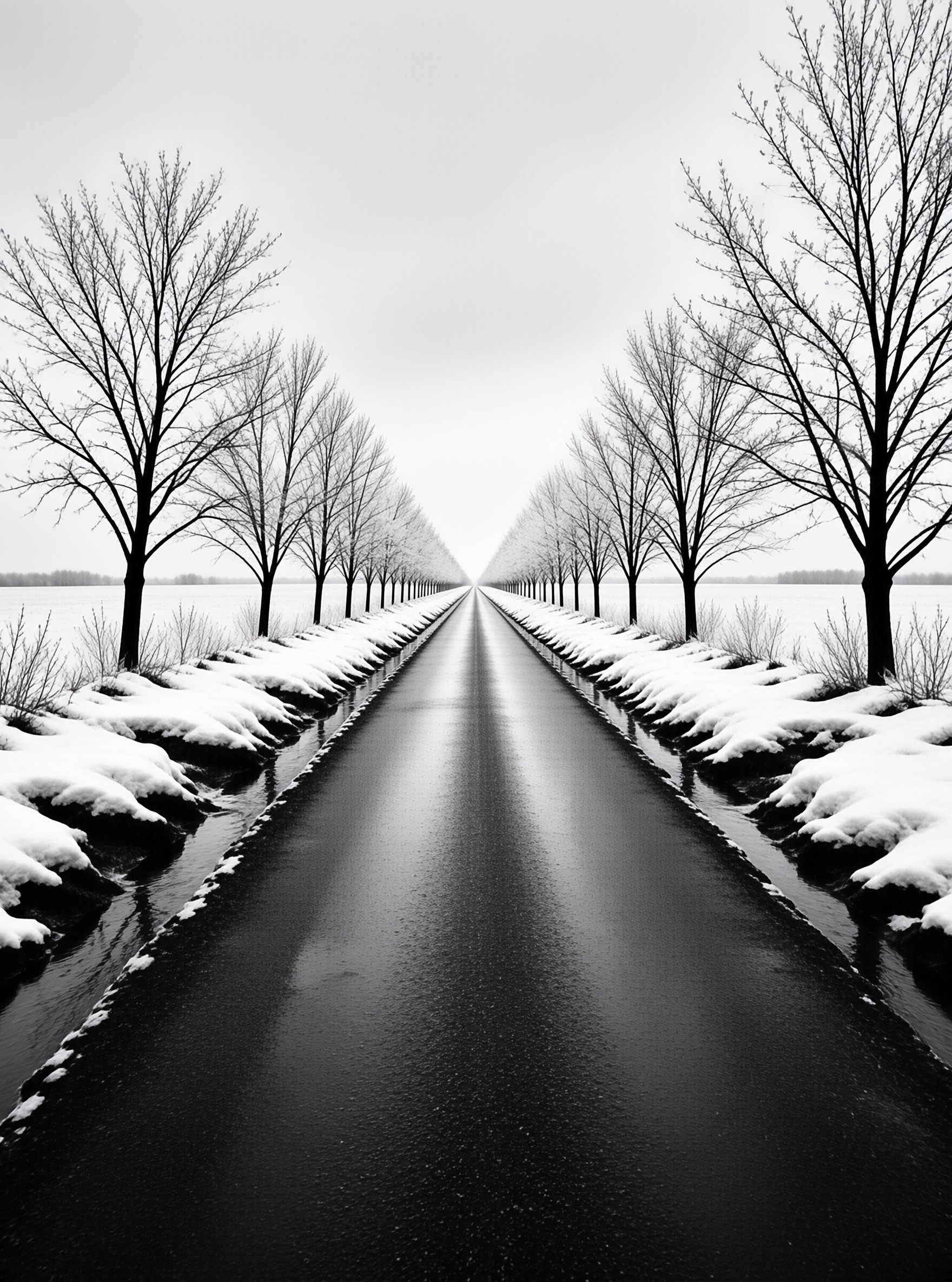 A straight black and white road lined with bare trees stretches through snow-covered fields under an overcast sky