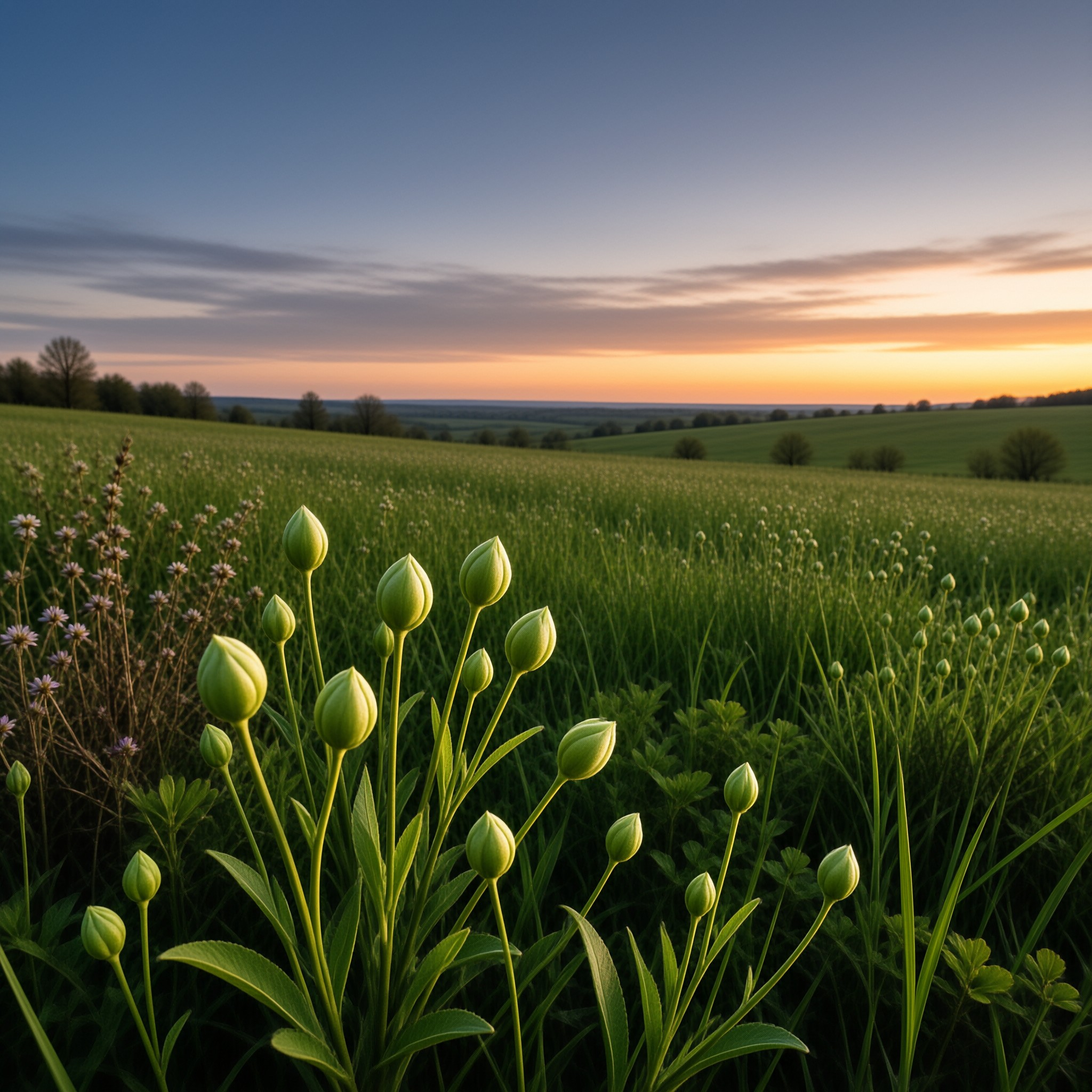 Sunset Field with Flower Buds