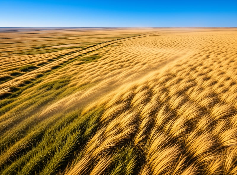 Rows of mature grain crops ripple across a vast farm field beneath a cloudless blue sky.