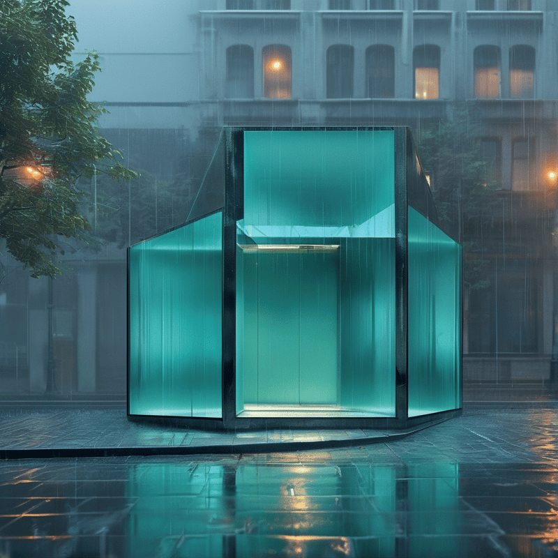 A futuristic glass structure glows teal on a wet street during a rainy evening with warm lights in the distance.