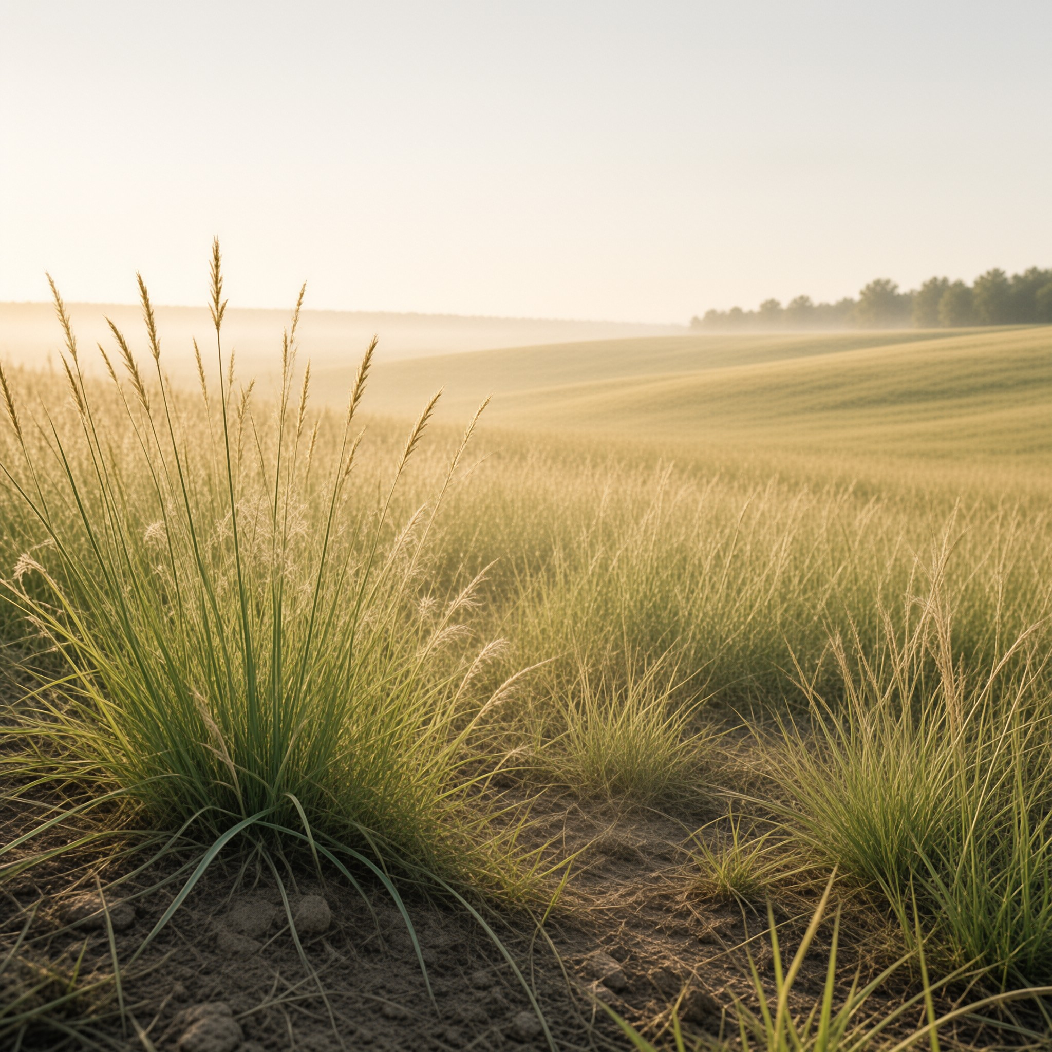 Misty Grassy Field at Dawn