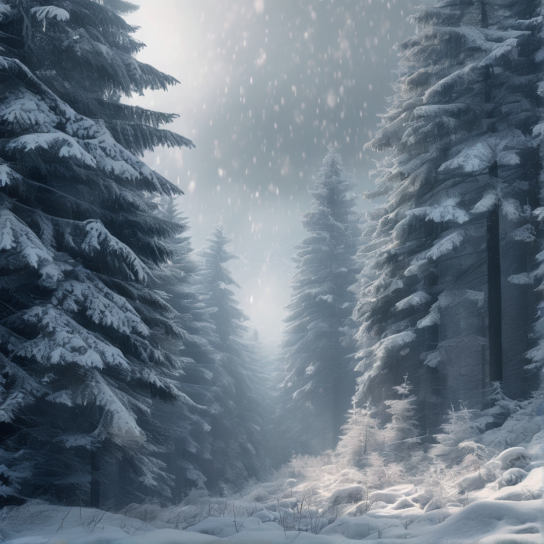 Tall evergreen trees heavy with snow stand in a misty forest while sunlight filters through falling snowflakes.