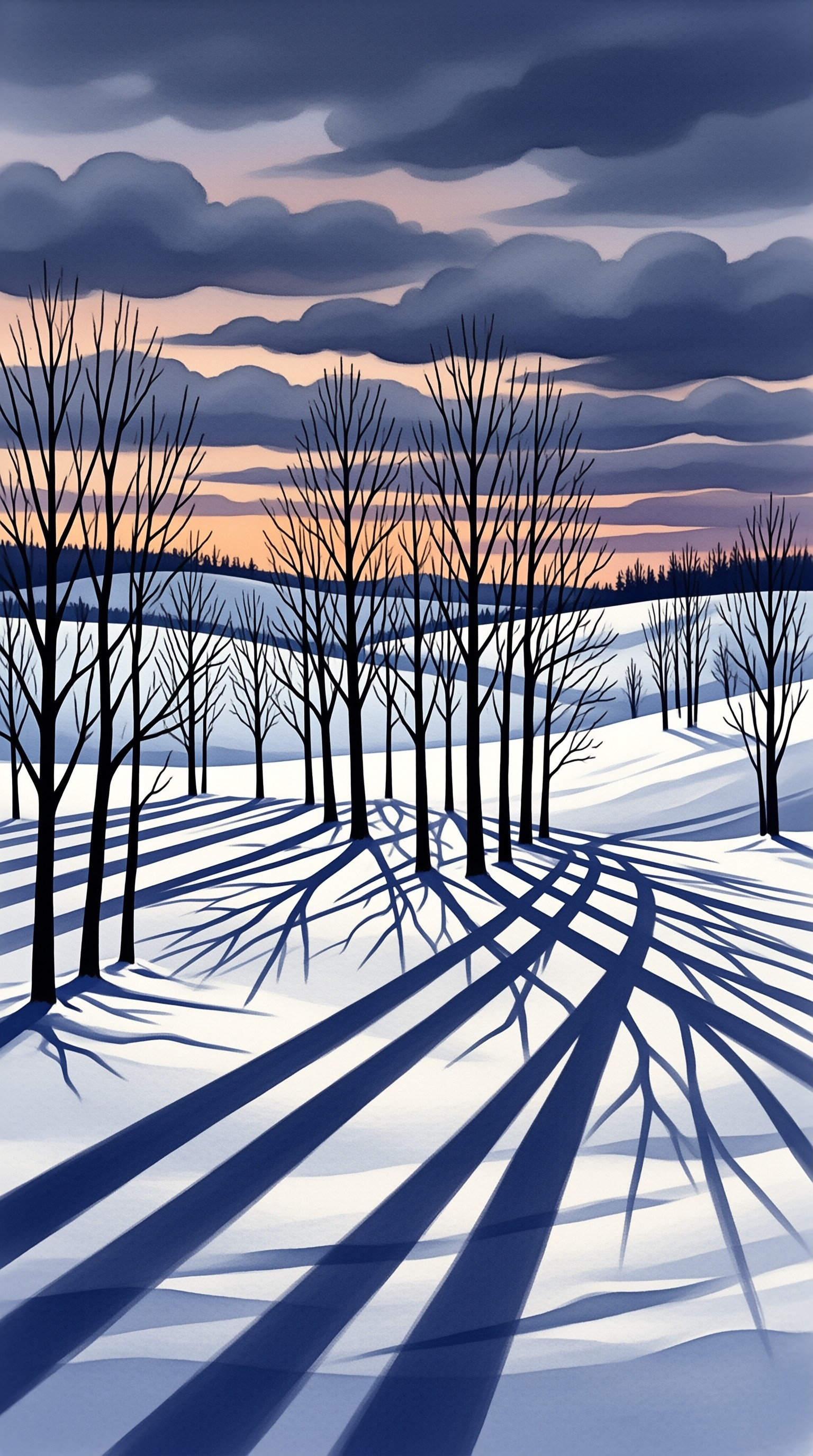 Leafless winter trees stand on a white snowfield, throwing long blue shadows toward a sunset sky layered with soft clouds.