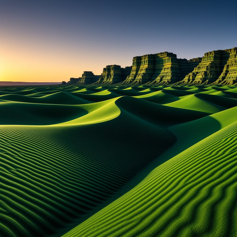 Wind combed hills of vivid green sand roll toward stratified cliffs beneath a dusk sky fading amber to blue