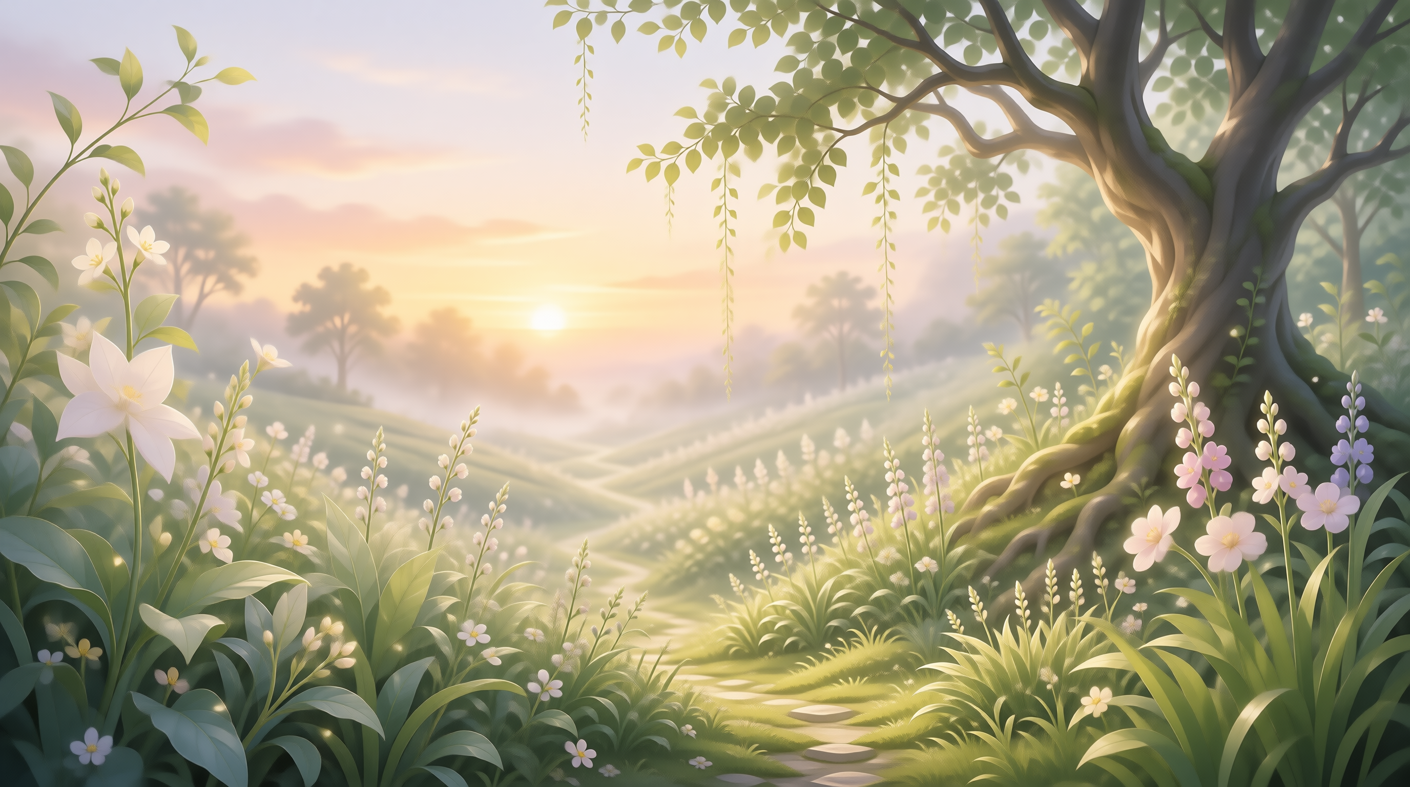 Dreamy Misty Garden at Dawn