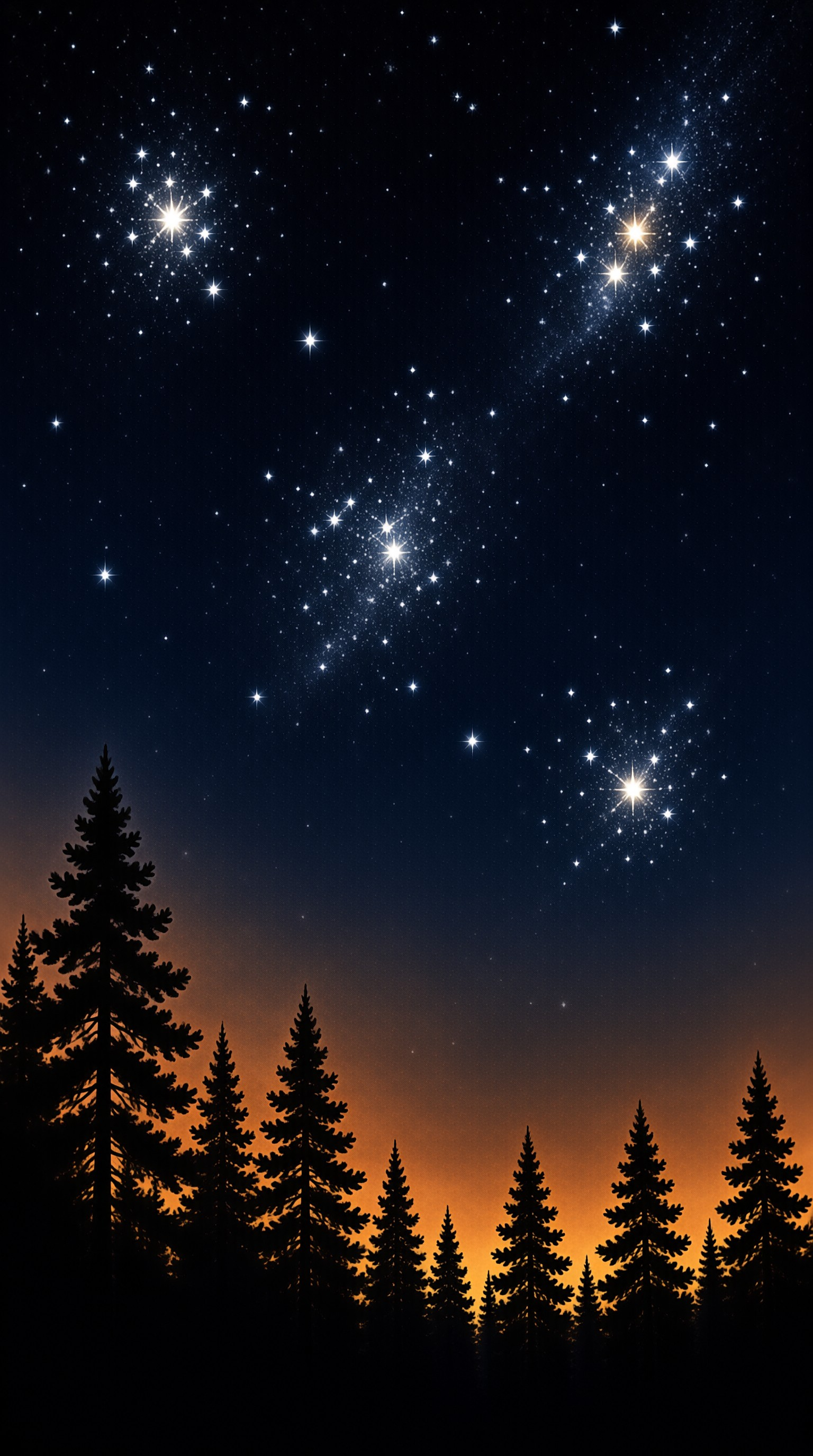 Silhouetted pine trees stand below a deep blue sky filled with bright stars and an orange horizon glow.