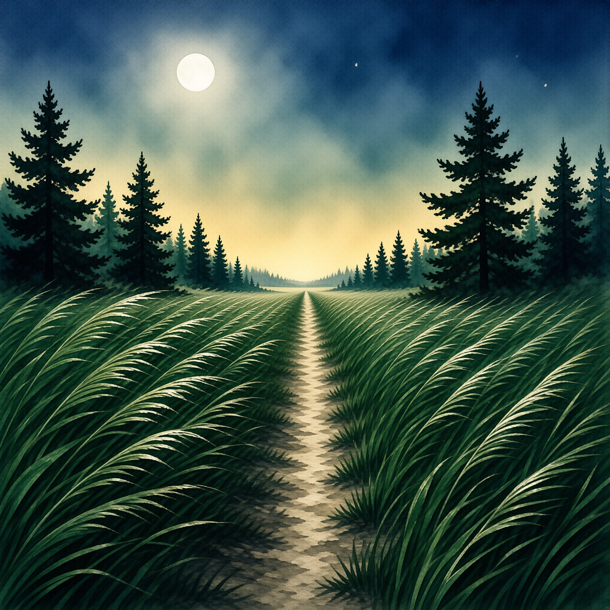 A narrow dirt trail cuts through tall green grass rows flanked by dark pine silhouettes beneath a bright full moon.