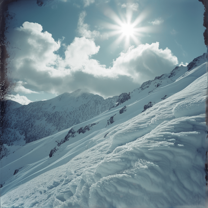 A sun-drenched snowy mountain ridge features wind-swept textures against a backdrop of fluffy clouds and a radiant blue sky.
