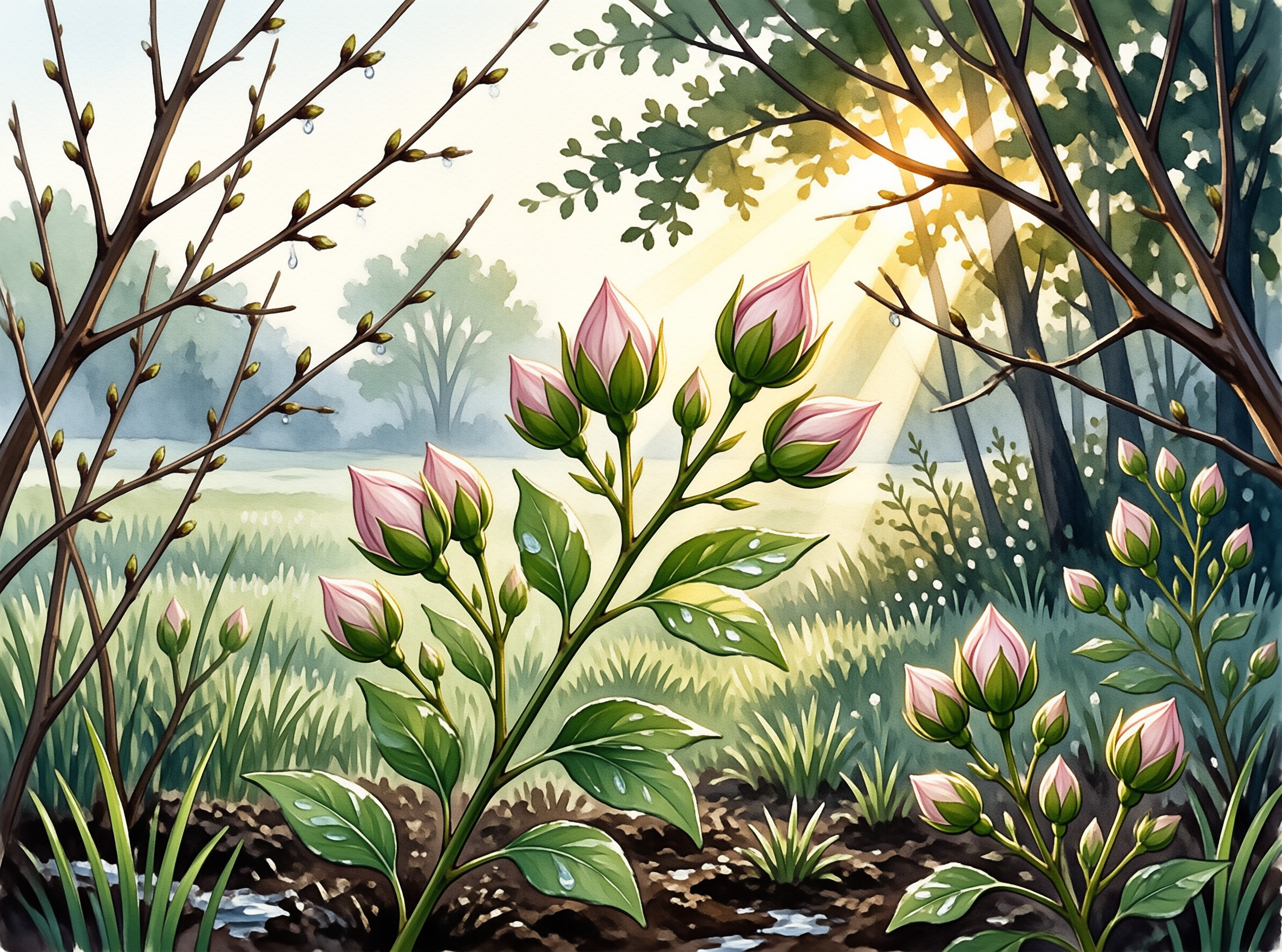 Delicate pink rose buds with water droplets stand in a grassy field as golden morning rays shine through nearby tree branches.