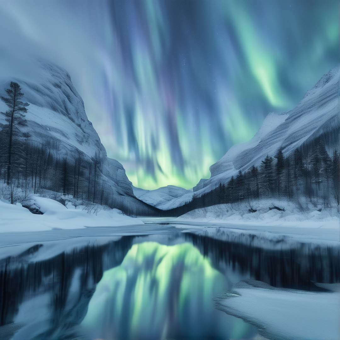 A vivid green aurora illuminates the night sky above snow-covered mountains, casting reflections on a calm frozen lake.