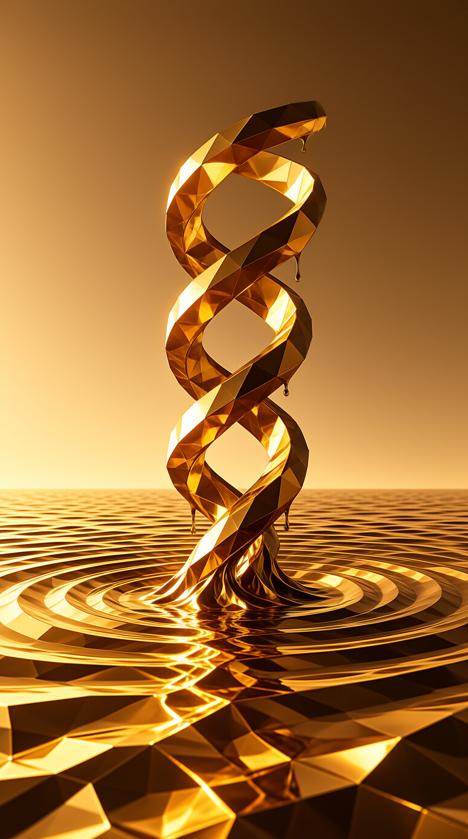 A faceted golden double helix rises from a rippling metallic surface with droplets falling from its twisted form.