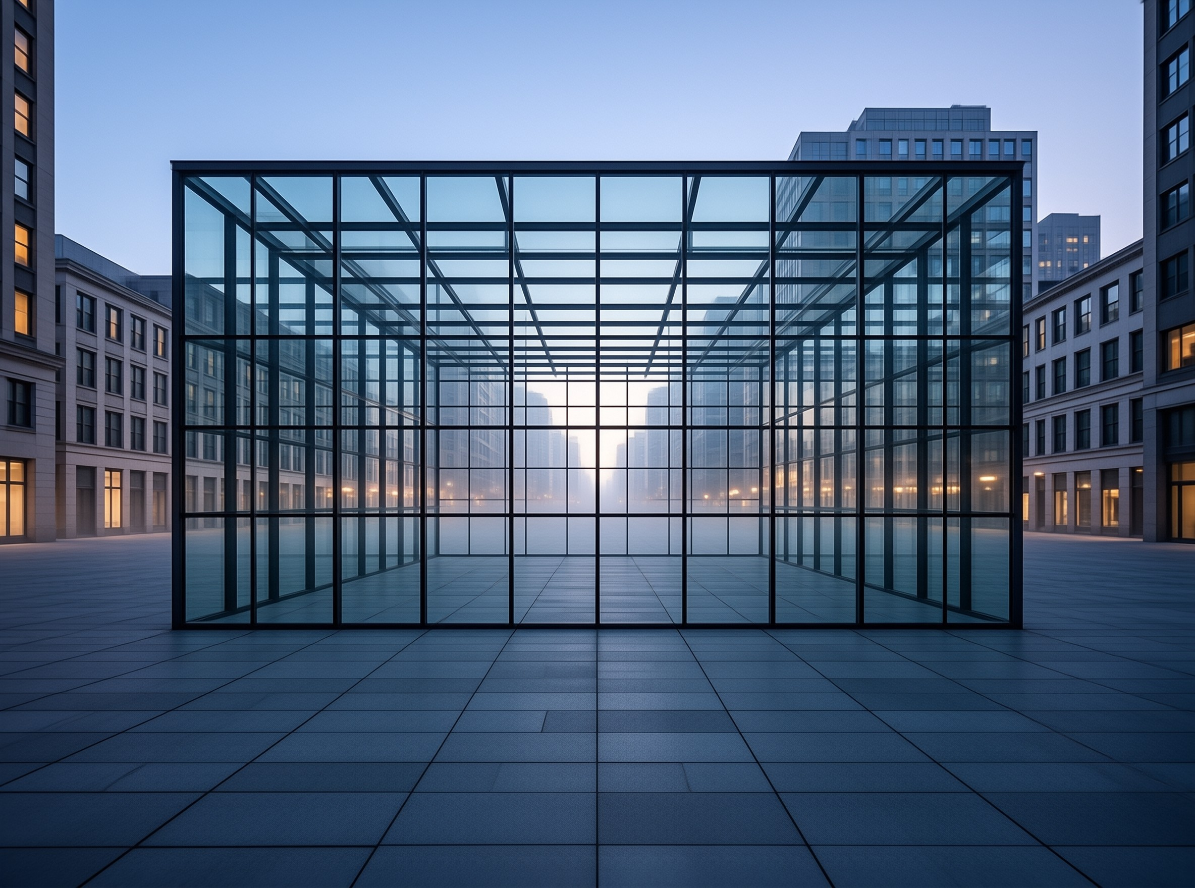 A symmetrical glass canopy stands in a paved city square during twilight, framing a bright hazy light in the distance.