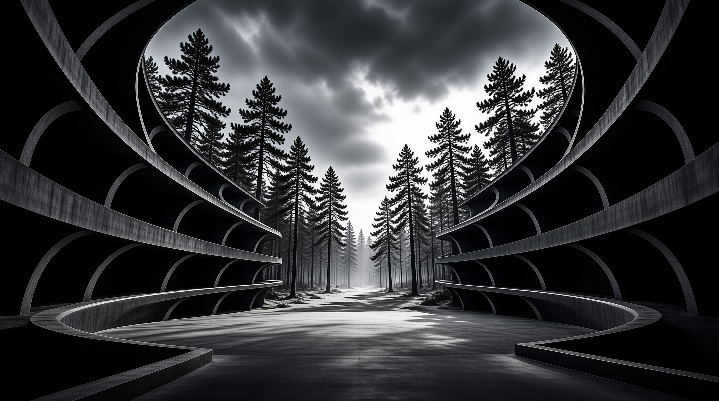 A black and white scene showing a road lined with ribbed arches leading into a dense pine forest under clouds.