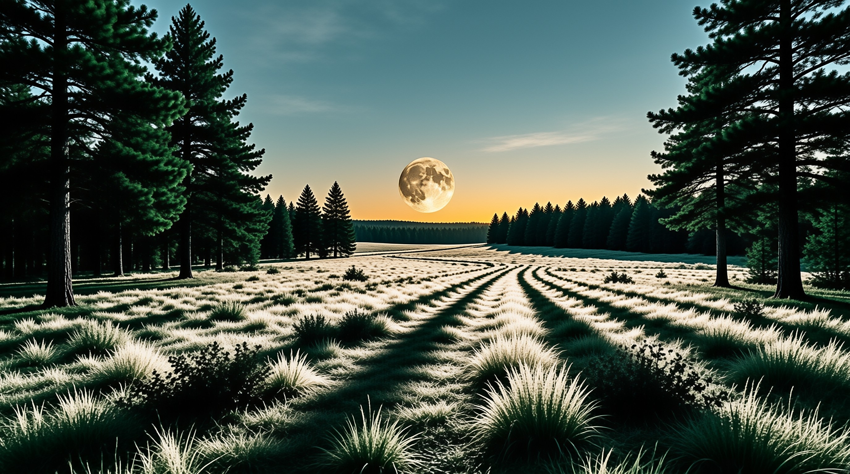A large full moon hangs low in a twilight sky above a field of grass cut into curved rows, framed by tall dark pine trees on both sides that create a natural corridor leading the eye toward the horizon where the sky glows with warm orange hues near the ground fading into deep blue above.